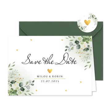 Save the Date kaart botanisch groen blaadjes goudlook